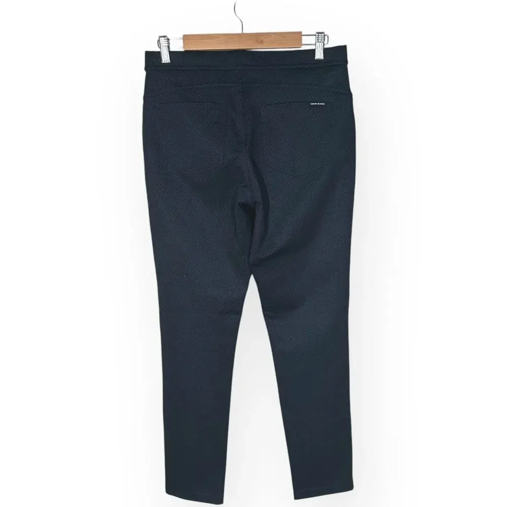 DKNY Pull On Ponte Pants Leather Navy Blue Diamond Lattice Work Career Medium